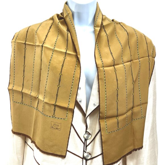 VGT  GUCCI Collection Scarf 00% Silk Satin 48"x  10 " Brown  Olive HandRoll (35) - Picture 1 of 12